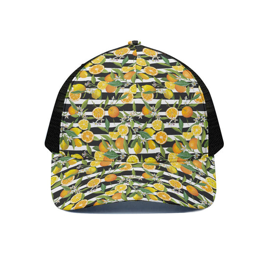Orange And Lemon Striped Pattern Print Black Mesh Trucker Cap