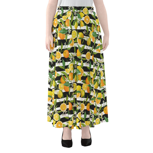Orange And Lemon Striped Pattern Print Chiffon Maxi Skirt