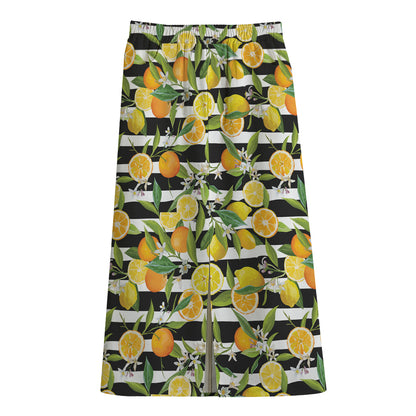 Orange And Lemon Striped Pattern Print Cotton Front Slit Maxi Skirt