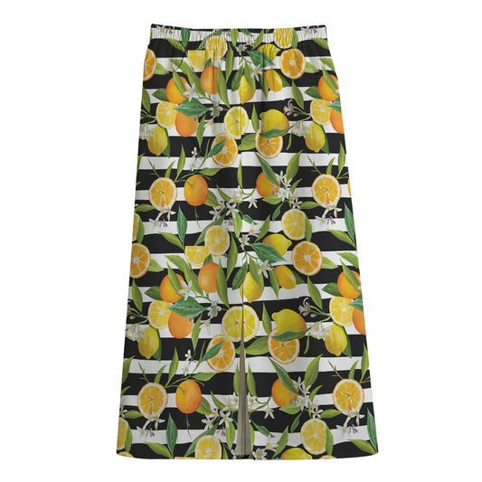 Orange And Lemon Striped Pattern Print Cotton Front Slit Maxi Skirt
