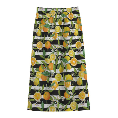Orange And Lemon Striped Pattern Print Cotton Front Slit Maxi Skirt