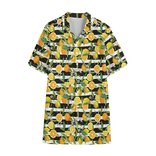 Orange And Lemon Striped Pattern Print Cotton Hawaiian Shirt