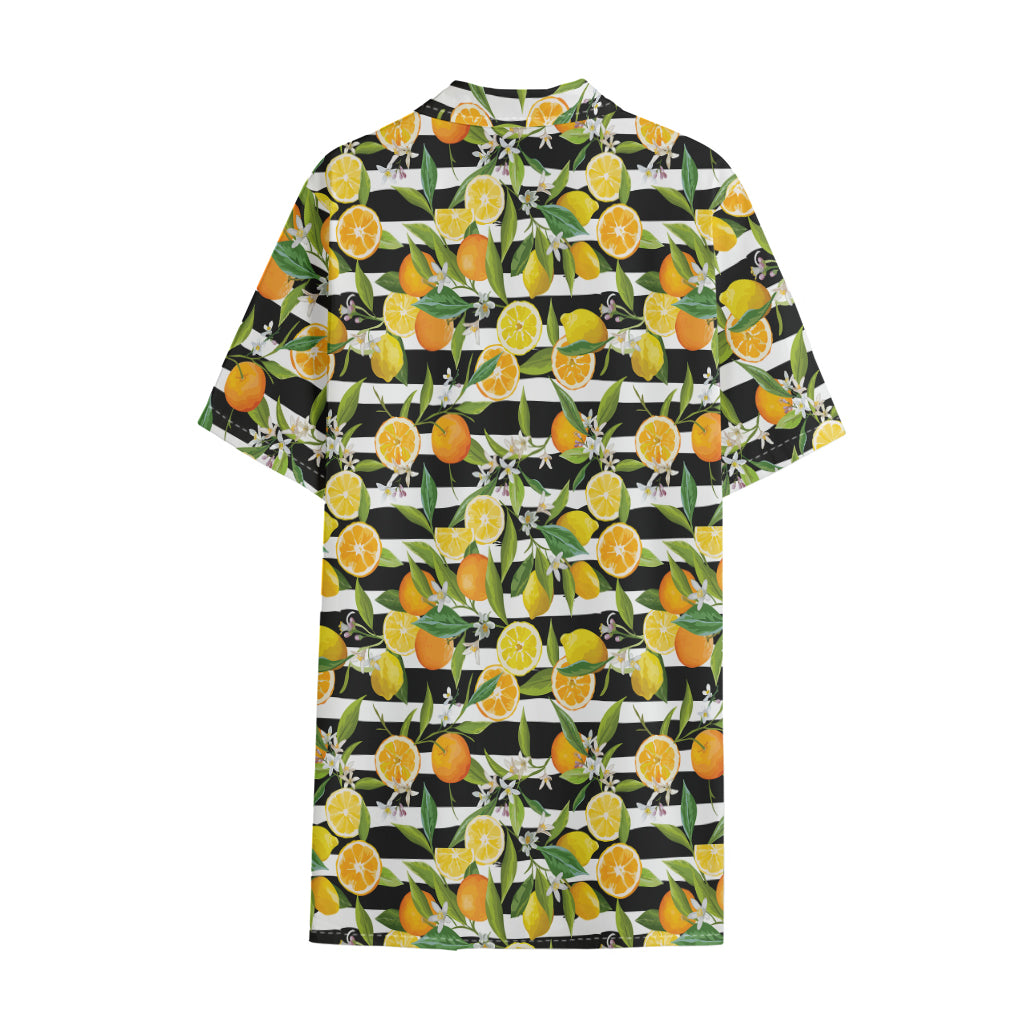 Orange And Lemon Striped Pattern Print Cotton Hawaiian Shirt