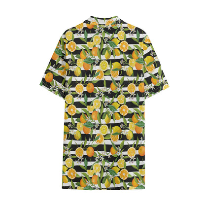 Orange And Lemon Striped Pattern Print Cotton Hawaiian Shirt