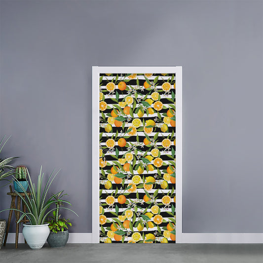 Orange And Lemon Striped Pattern Print Door Sticker