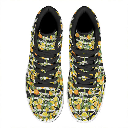Orange And Lemon Striped Pattern Print High Top Leather Sneakers