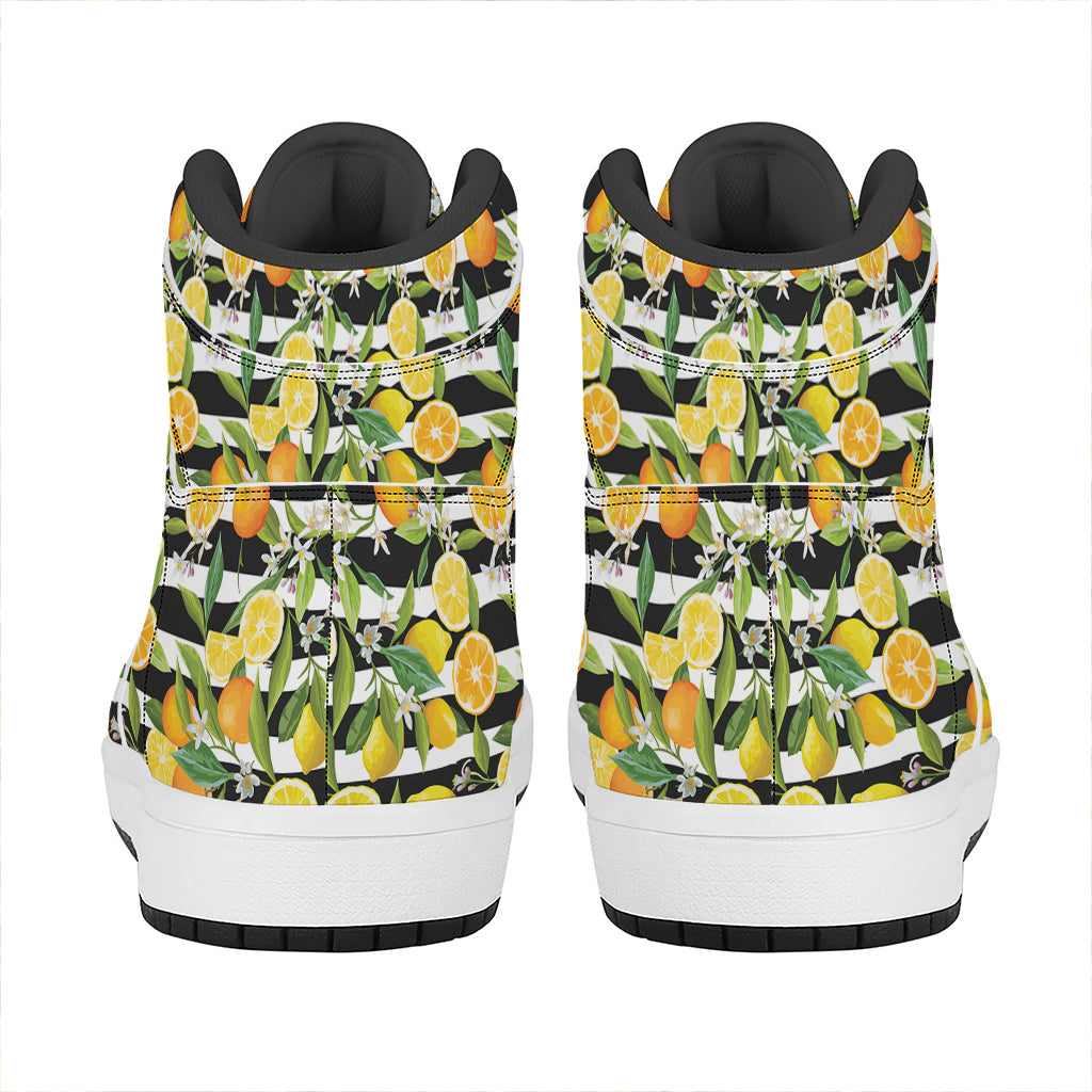 Orange And Lemon Striped Pattern Print High Top Leather Sneakers