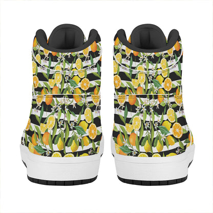 Orange And Lemon Striped Pattern Print High Top Leather Sneakers