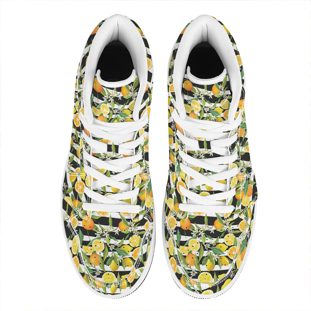 Orange And Lemon Striped Pattern Print High Top Leather Sneakers