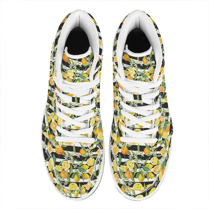 Orange And Lemon Striped Pattern Print High Top Leather Sneakers