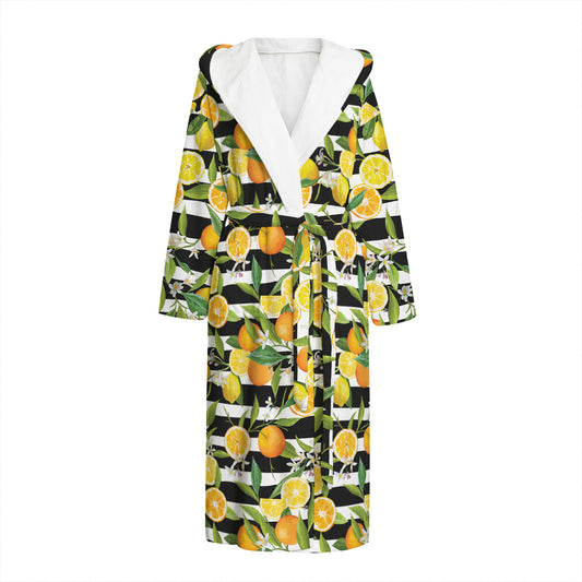 Orange And Lemon Striped Pattern Print Hooded Bathrobe