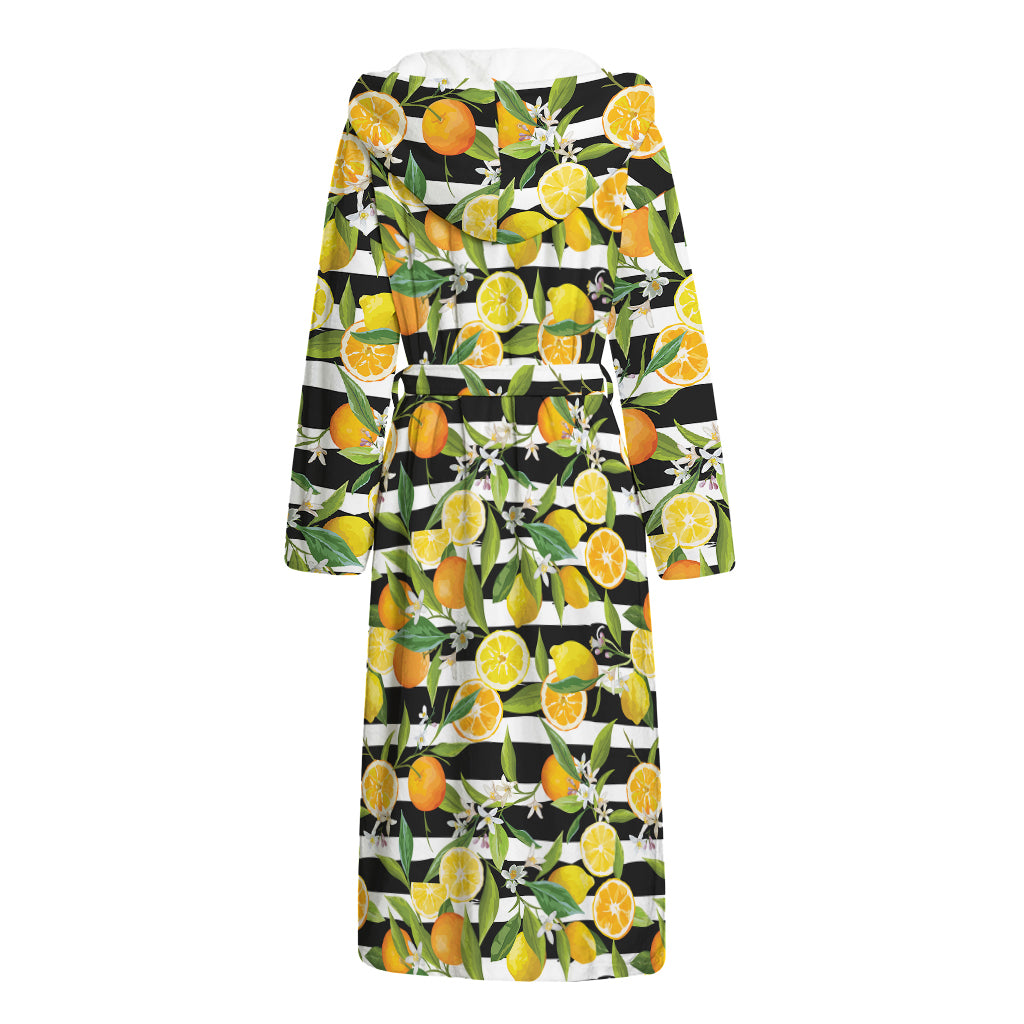 Orange And Lemon Striped Pattern Print Hooded Bathrobe