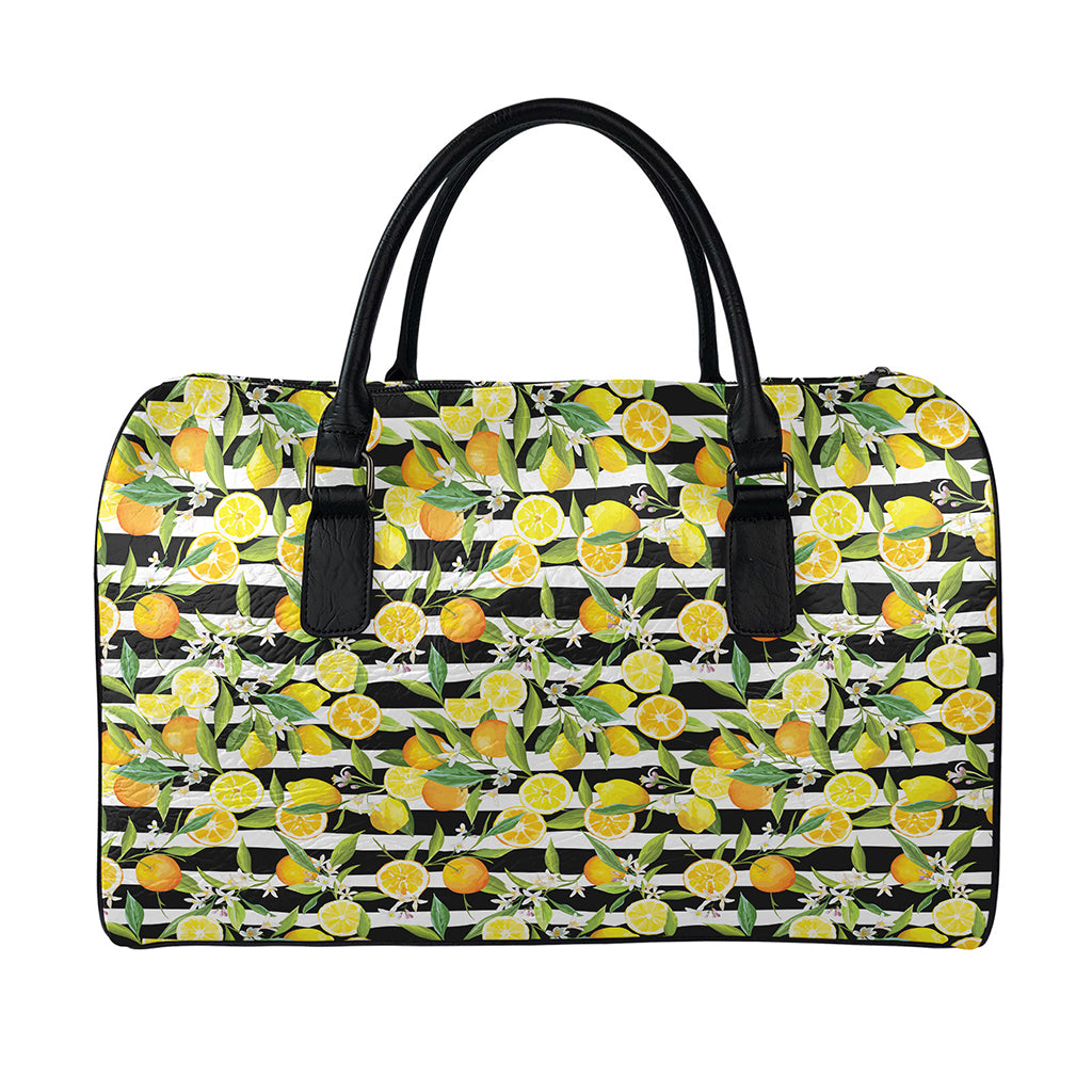 Orange And Lemon Striped Pattern Print Leather Duffle Bag