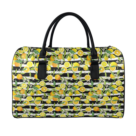 Orange And Lemon Striped Pattern Print Leather Duffle Bag