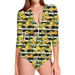 Orange And Lemon Striped Pattern Print Long Sleeve Swimsuit