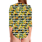 Orange And Lemon Striped Pattern Print Long Sleeve Swimsuit