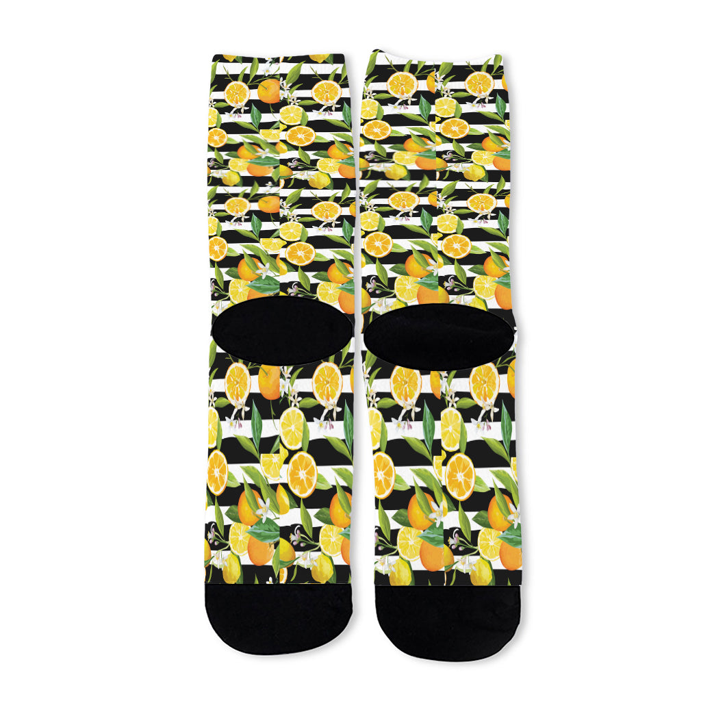 Orange And Lemon Striped Pattern Print Long Socks