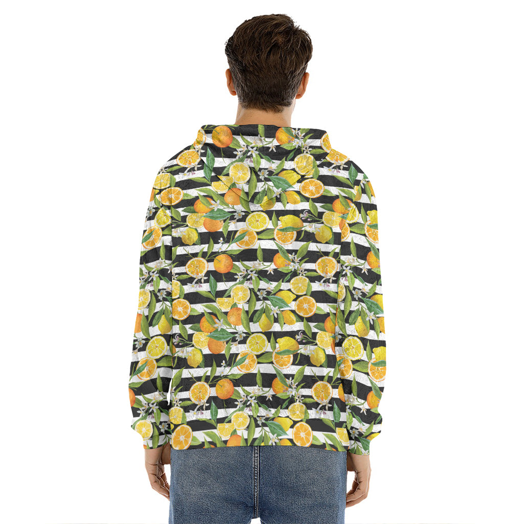 Orange And Lemon Striped Pattern Print Men's Velvet Pullover Hoodie