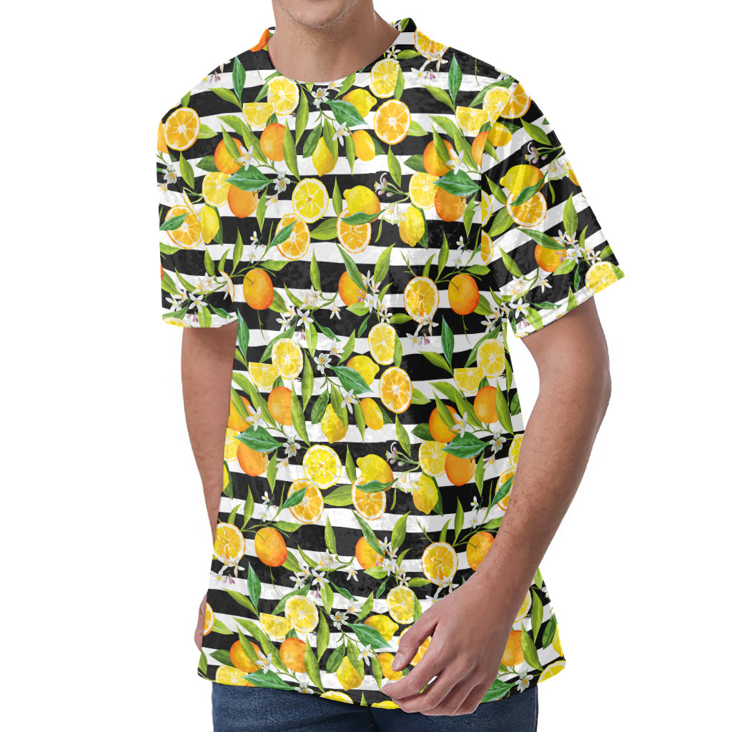Orange And Lemon Striped Pattern Print Men's Velvet T-Shirt