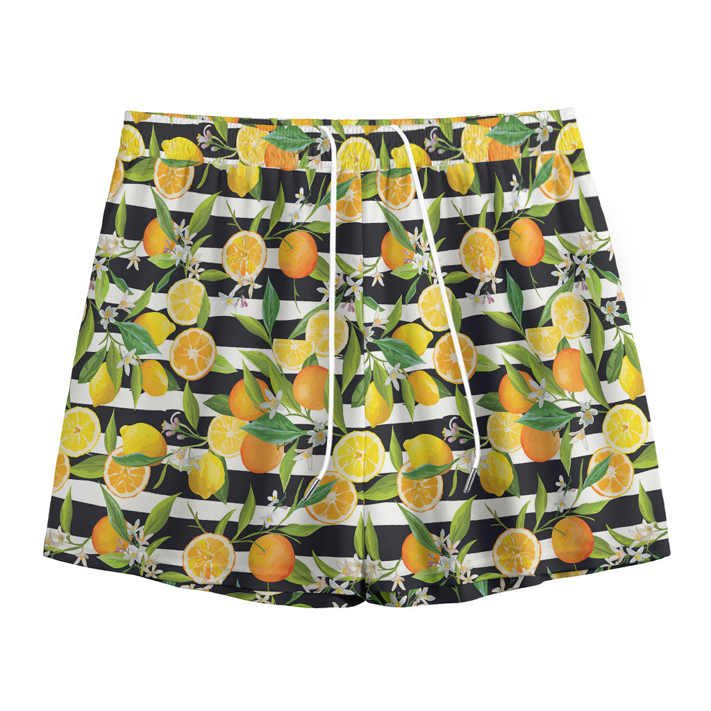 Orange And Lemon Striped Pattern Print Mesh Shorts