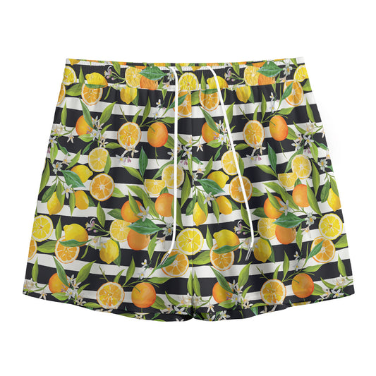 Orange And Lemon Striped Pattern Print Mesh Shorts