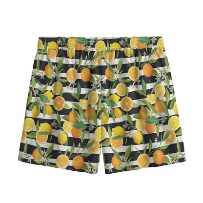 Orange And Lemon Striped Pattern Print Mesh Shorts
