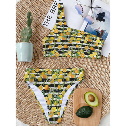 Orange And Lemon Striped Pattern Print One Shoulder Bikini Top