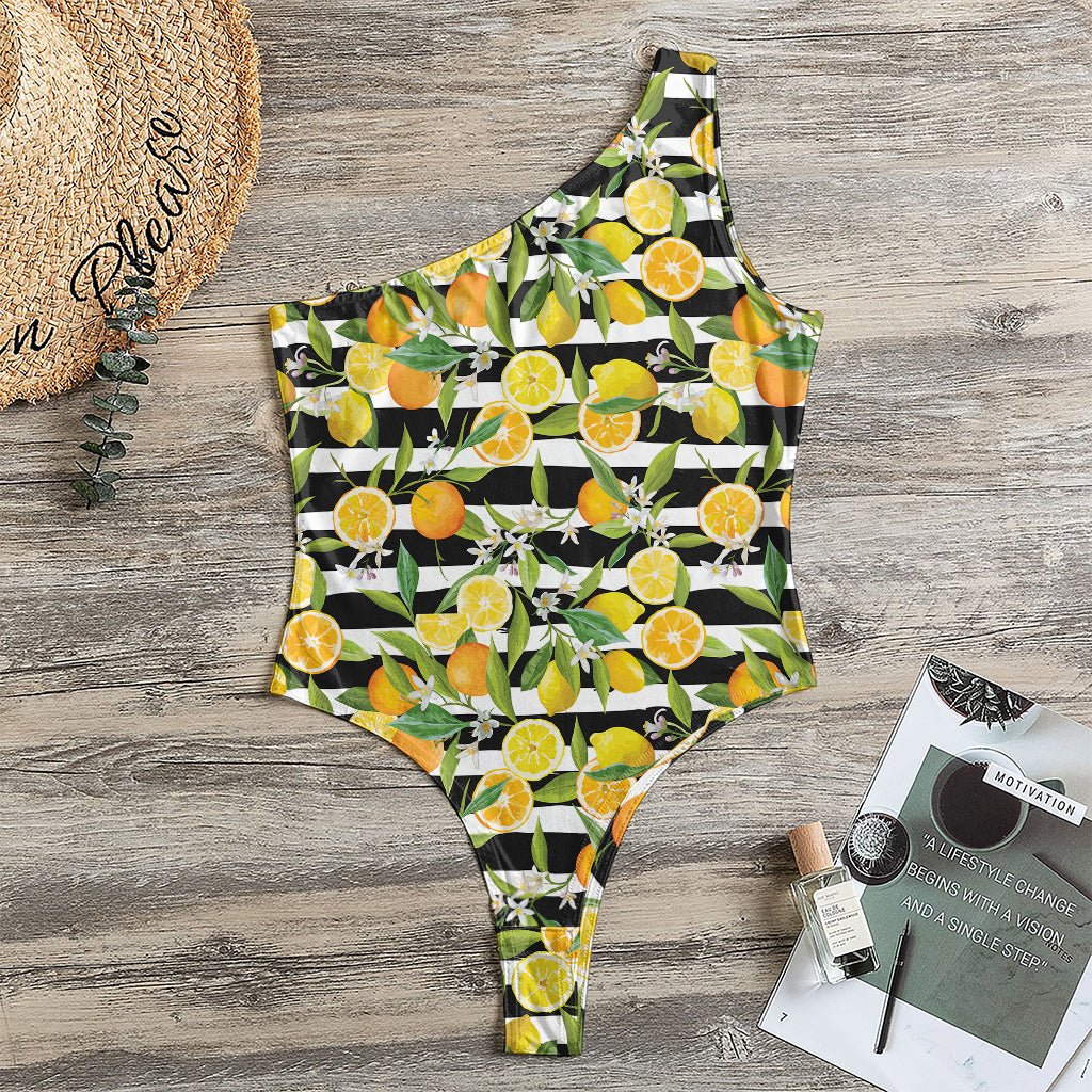 Orange And Lemon Striped Pattern Print One Shoulder Bodysuit