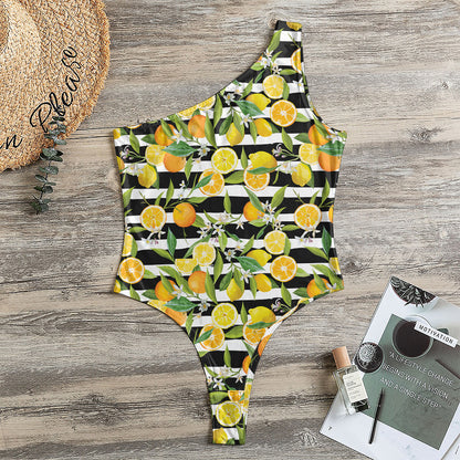 Orange And Lemon Striped Pattern Print One Shoulder Bodysuit