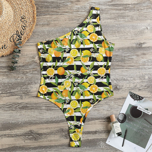 Orange And Lemon Striped Pattern Print One Shoulder Bodysuit