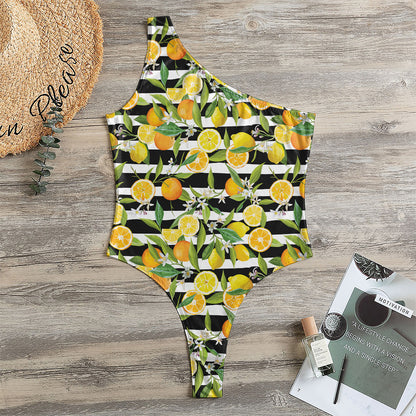 Orange And Lemon Striped Pattern Print One Shoulder Bodysuit