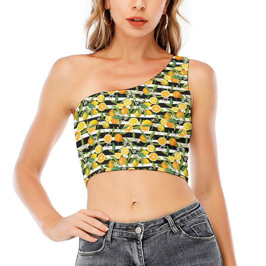 Orange And Lemon Striped Pattern Print One Shoulder Crop Top