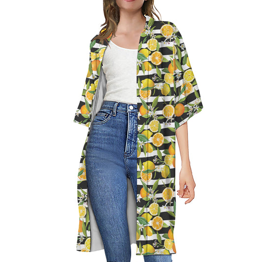 Orange And Lemon Striped Pattern Print Open Front Beach Cover Up