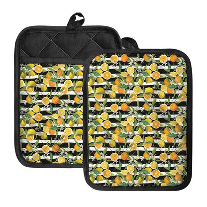 Orange And Lemon Striped Pattern Print Pot Holders With Pocket