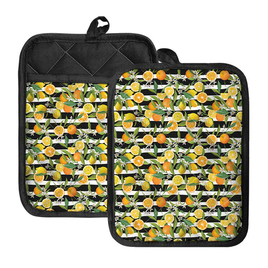 Orange And Lemon Striped Pattern Print Pot Holders With Pocket