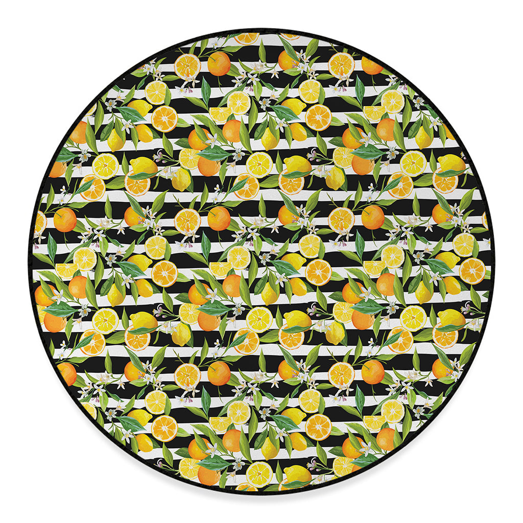 Orange And Lemon Striped Pattern Print Round Floor Mat
