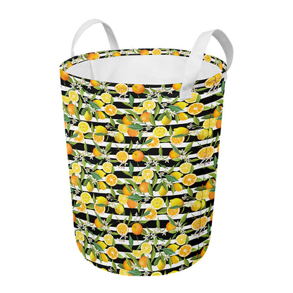 Orange And Lemon Striped Pattern Print Round Laundry Basket