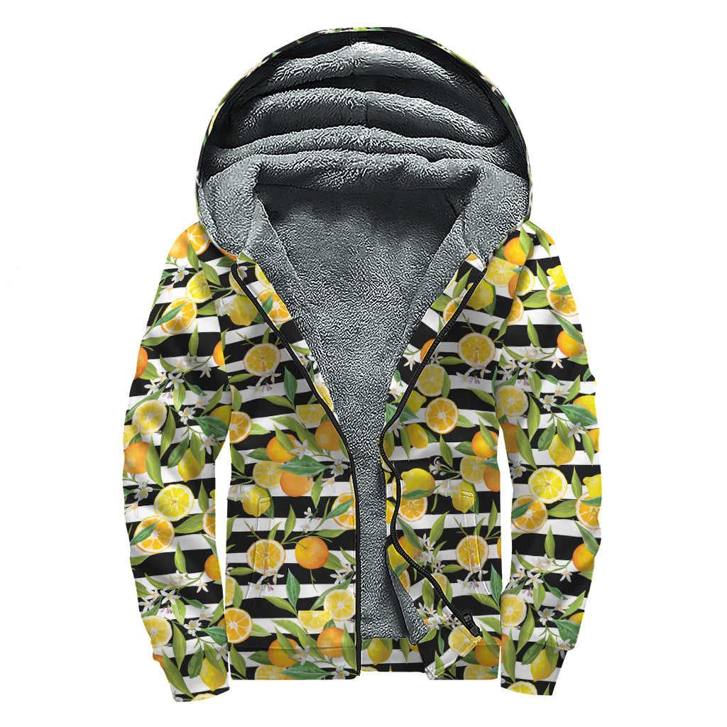 Orange And Lemon Striped Pattern Print Sherpa Lined Zip Up Hoodie