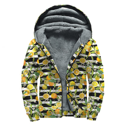 Orange And Lemon Striped Pattern Print Sherpa Lined Zip Up Hoodie