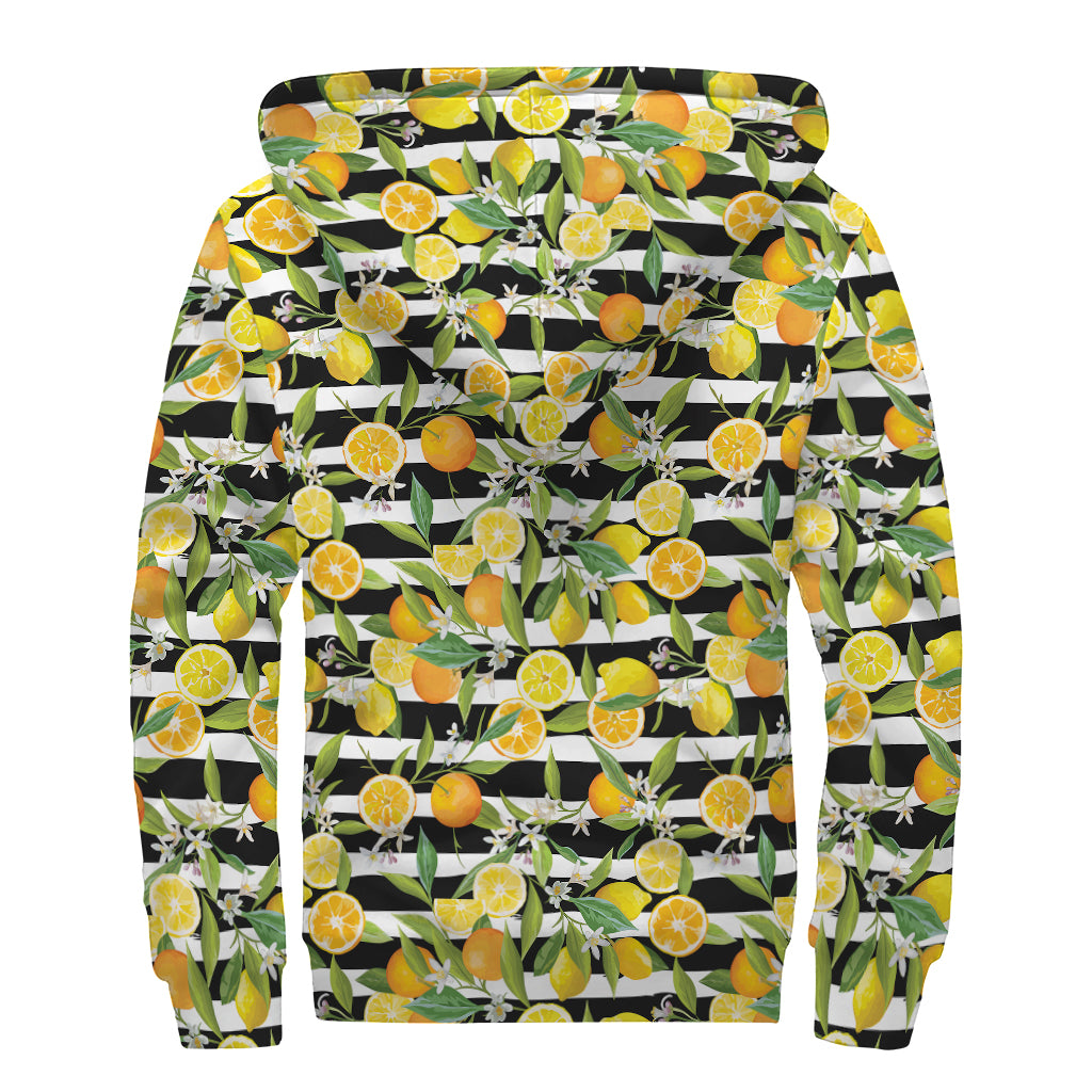 Orange And Lemon Striped Pattern Print Sherpa Lined Zip Up Hoodie