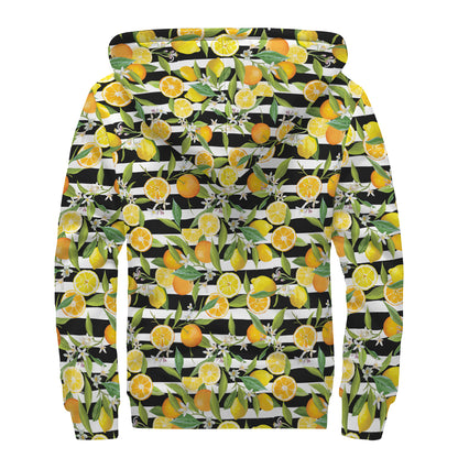Orange And Lemon Striped Pattern Print Sherpa Lined Zip Up Hoodie