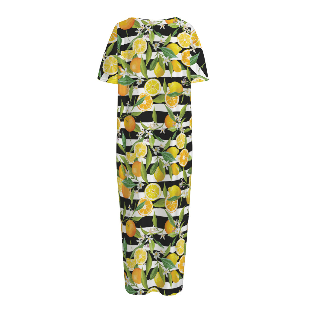 Orange And Lemon Striped Pattern Print Short Sleeve Long Nightdress