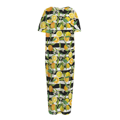 Orange And Lemon Striped Pattern Print Short Sleeve Long Nightdress