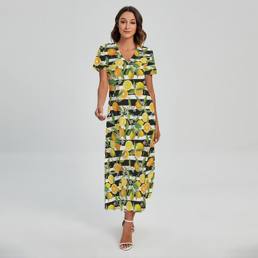 Orange And Lemon Striped Pattern Print Short Sleeve Maxi Dress