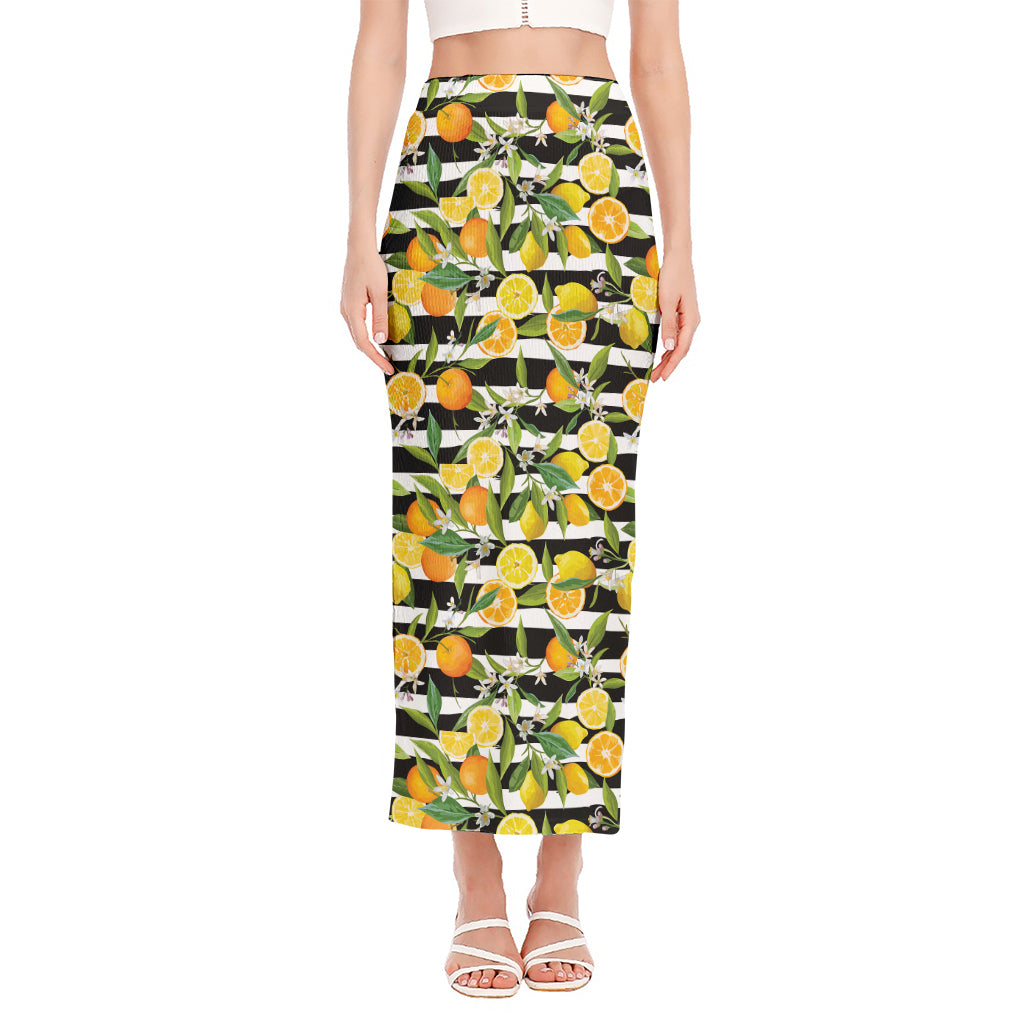 Orange And Lemon Striped Pattern Print Side Slit Maxi Skirt