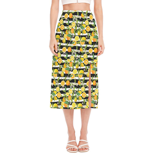 Orange And Lemon Striped Pattern Print Side Slit Midi Skirt