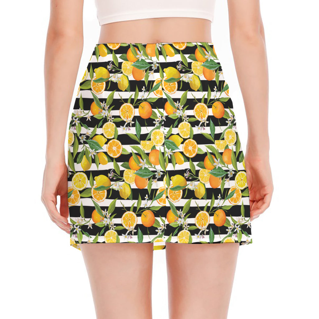 Orange And Lemon Striped Pattern Print Side Slit Mini Skirt