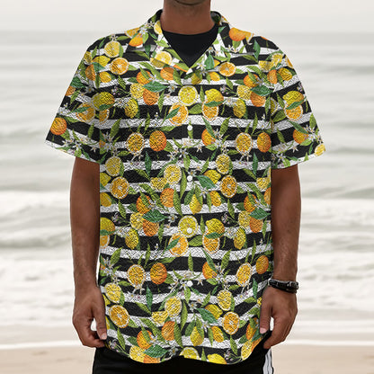 Orange And Lemon Striped Pattern Print Textured Short Sleeve Shirt