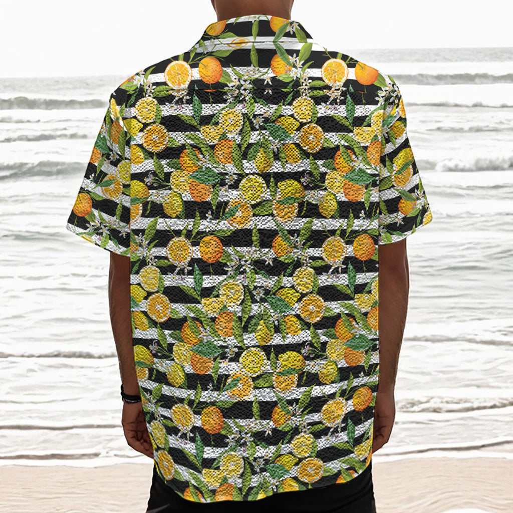 Orange And Lemon Striped Pattern Print Textured Short Sleeve Shirt