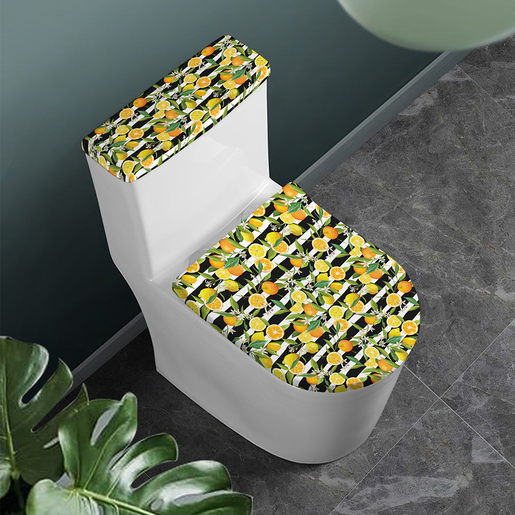 Orange And Lemon Striped Pattern Print Toilet Lid And Tank Cover Set